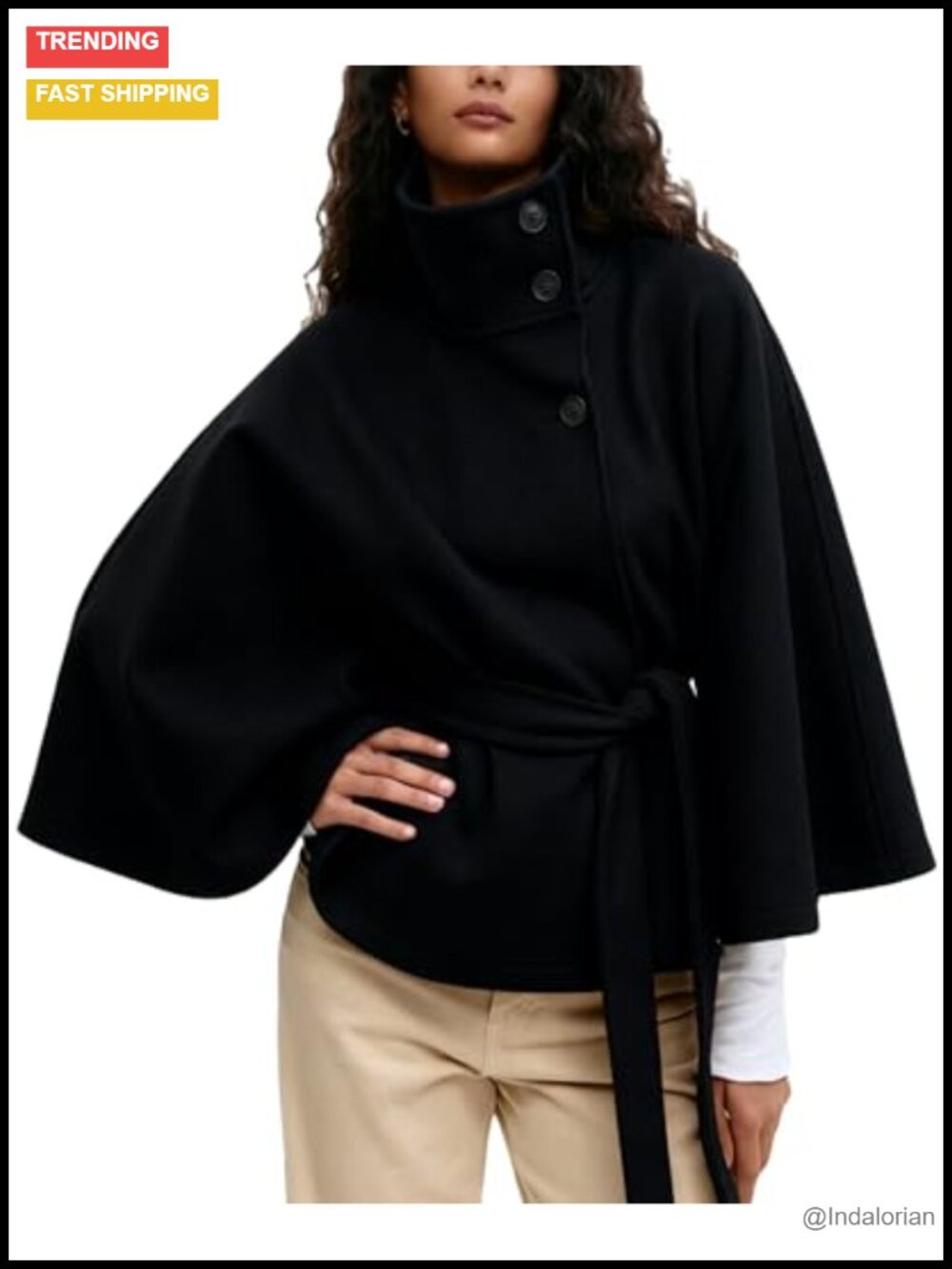 Wool Blend Batwing Sleeve Poncho Cape Coat Belted Pea Coat